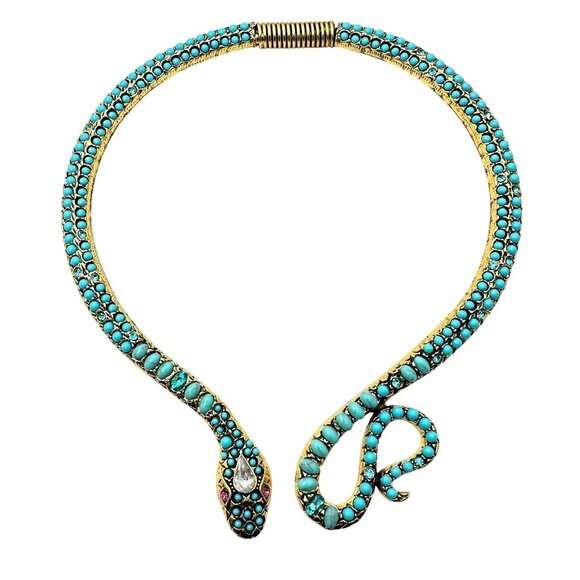 Egyptian Revial Faux Turquoise Rhinestone Gold Snake Collar Statement Necklace - Picture 1 of 5